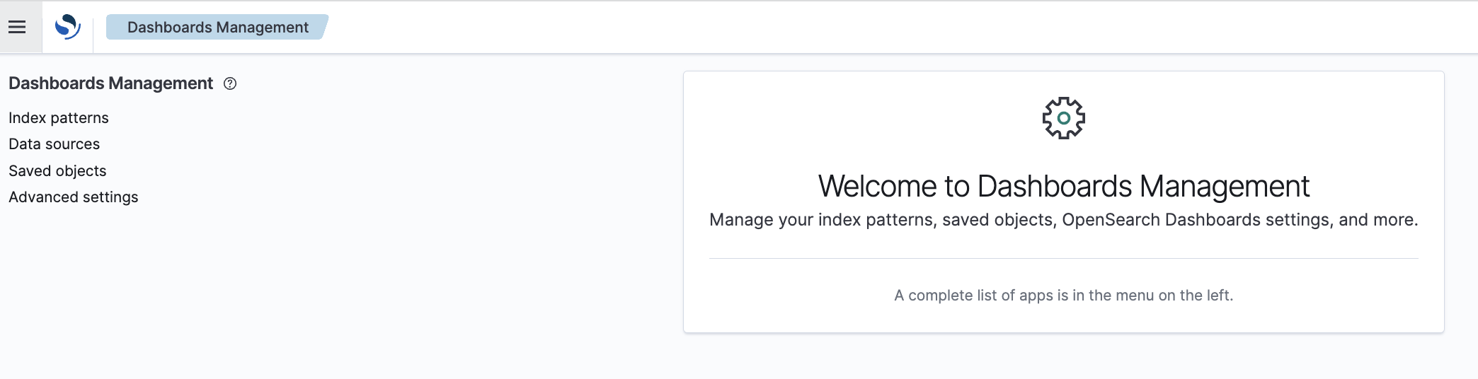 Data sources sidebar on the Dashboards Management interface