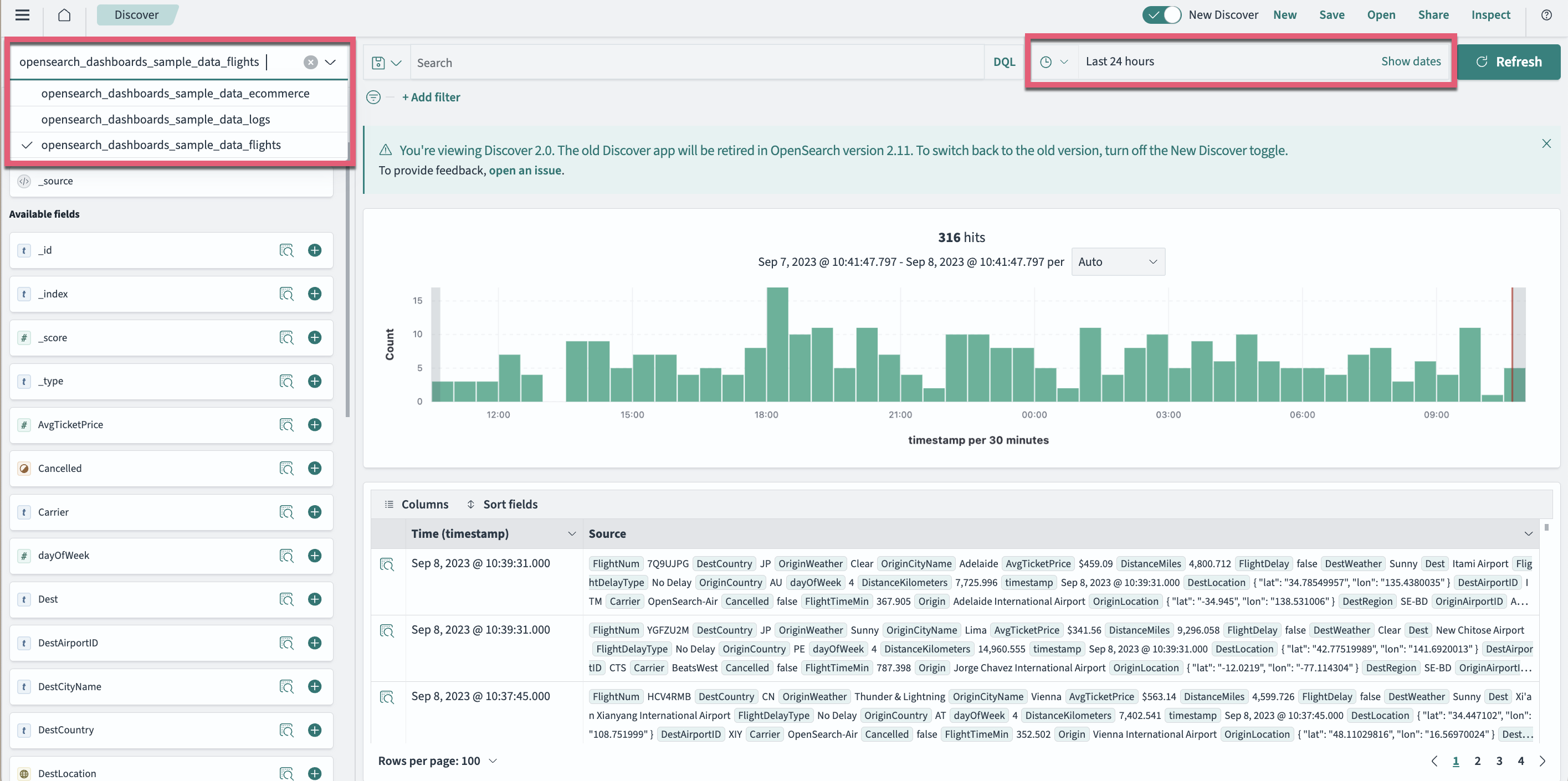 Discover interface showing flight sample data query